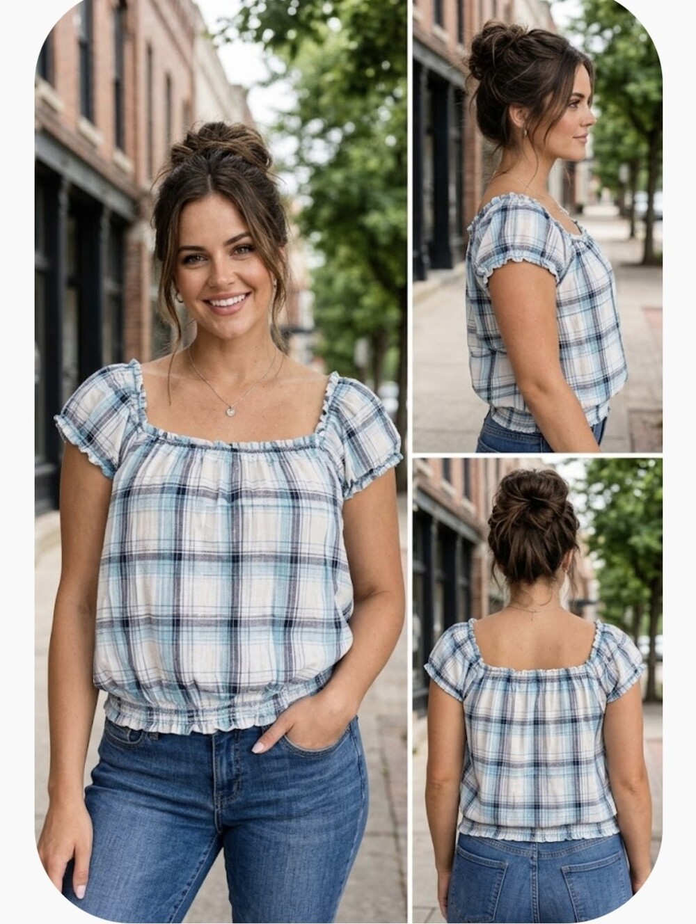 Blue Plaid Square Neck Smocked Hem Top - Boho Cottagecore Blouse Size Medium